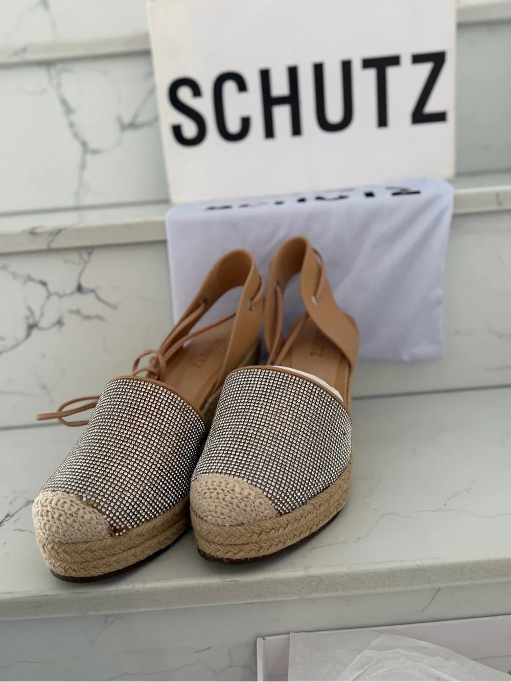 SCHUTZ Tan Espadrille Lace-Up Flats with Silver Rhinestone Toe